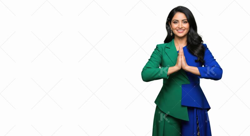 Smiling Professional Woman in Green and Blue Attire, Offering Na