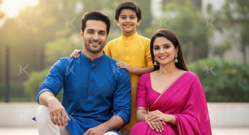 Happy Indian Family Smiling Together in Traditional Attire Outdo