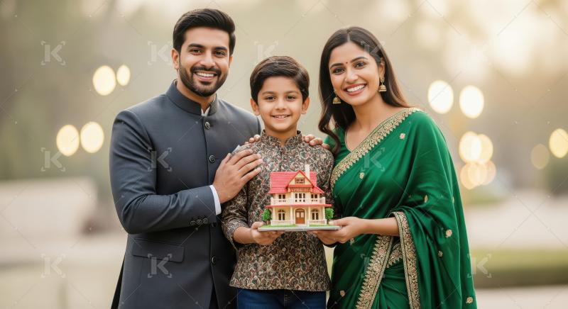 Happy Indian Family Holding Miniature Home, Investing in Future