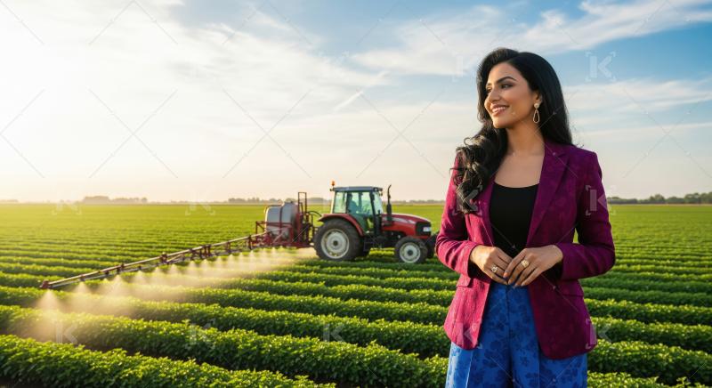 Woman Oversees Modern Agricultural Spraying in Lush Green Field