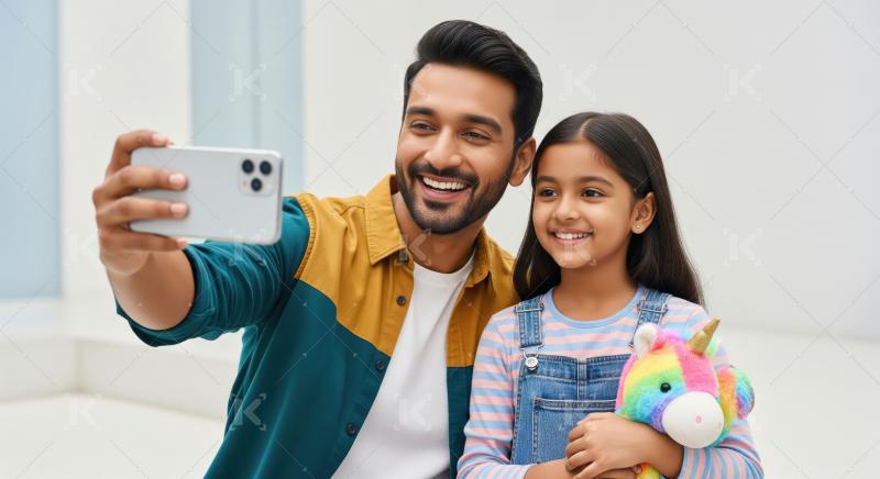 Father and Daughter Take Happy Selfie with Unicorn Toy