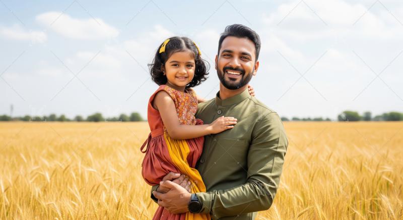 Happy Indian Father and Daughter in Golden Wheat Field