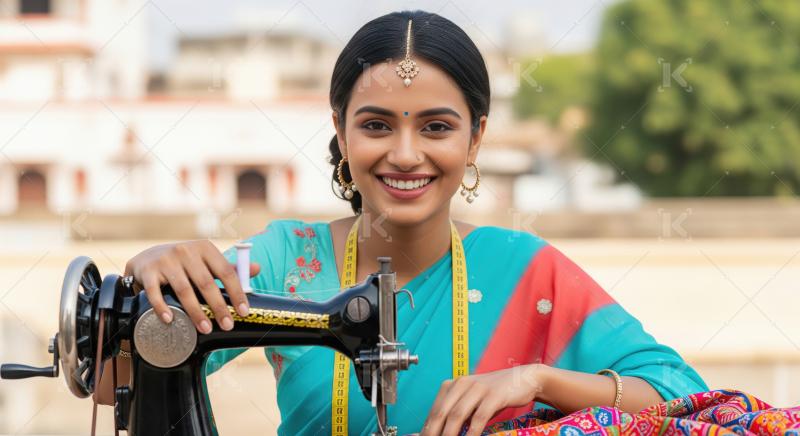 Young Indian Woman Tailor Smiling while Sewing Outdoors