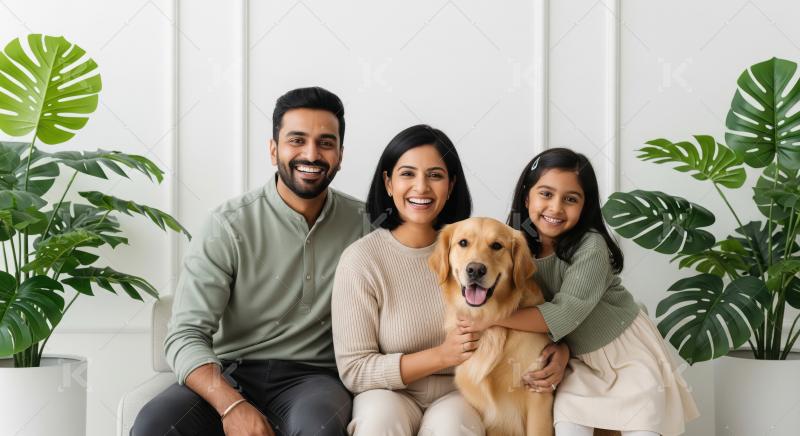 Happy Indian Family with Beloved Golden Retriever Dog