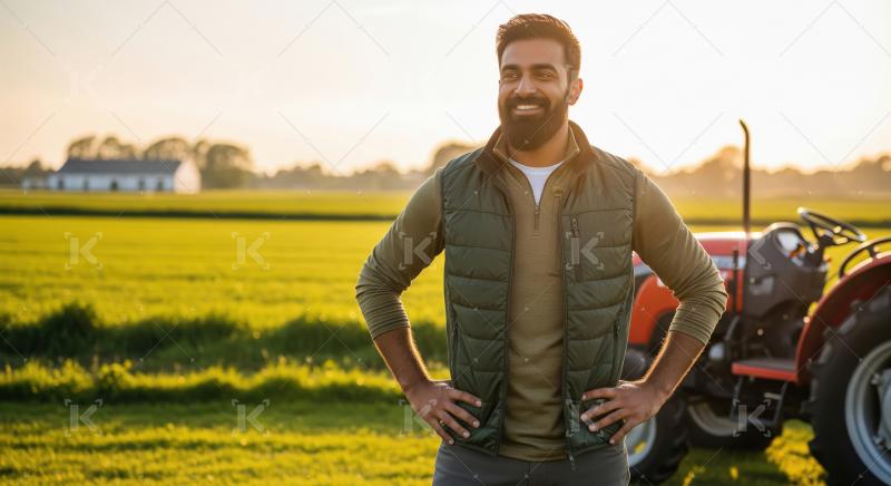 Confident Farmer Smiles in Golden Field with Tractor at Sunset