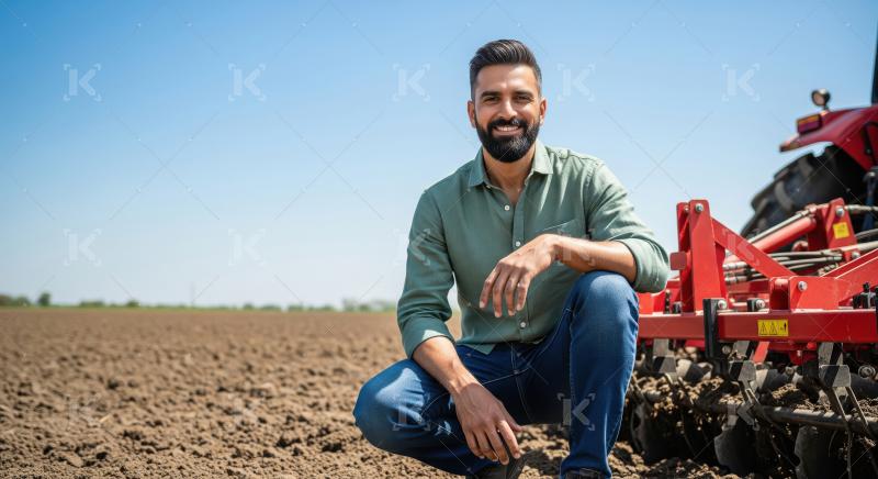 Confident Young Farmer Smiling in a Field with Tractor