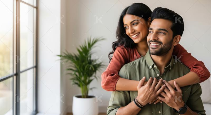Happy Indian Couple Embracing at Home, Sharing Joyful Moment