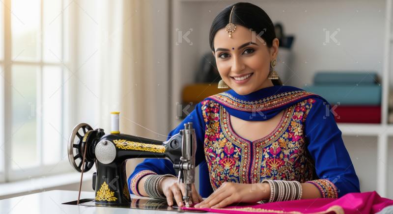 Happy Indian Woman Skillfully Sewing Traditional Garment on Mach