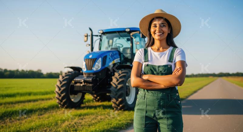 Smiling Female Farmer Posing Confidently with Tractor in Field