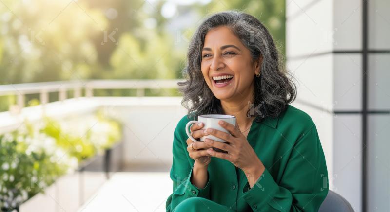Happy Mature Indian Woman Laughing with Coffee on Balcony