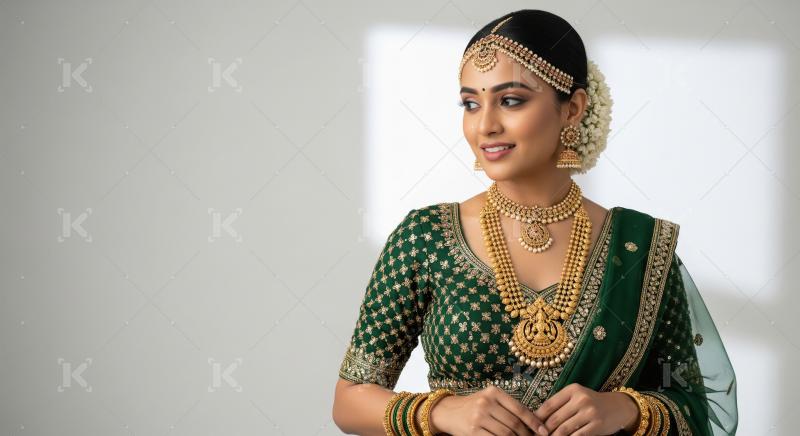 Elegant South Indian Bride Adorned in Traditional Gold Jewelry