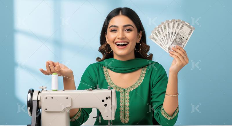 Joyful Indian Woman with Sewing Machine and Earnings