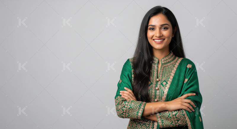 Portrait of Smiling Indian Woman in Traditional Green Dress