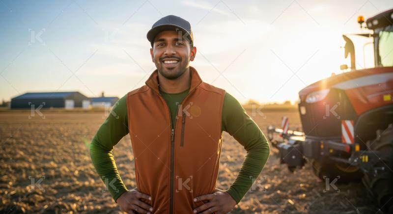 Young Smiling Farmer Standing in Field at Golden Sunset