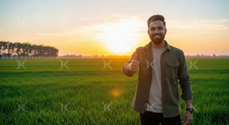 Happy farmer thumbs up in golden field at sunset