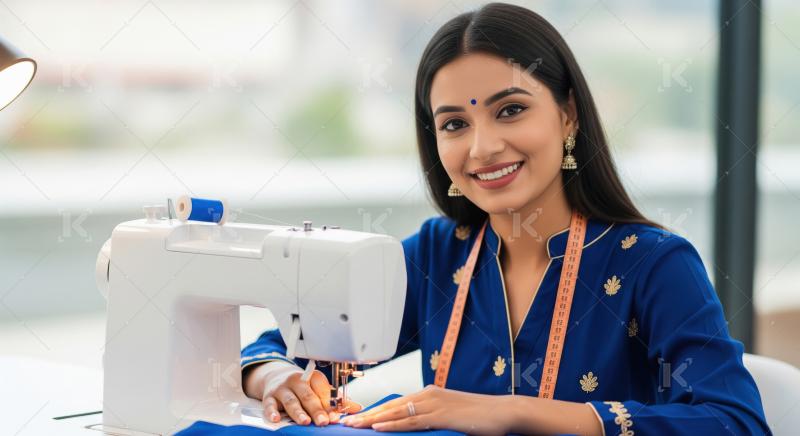 Smiling Indian Woman Tailoring Blue Fabric with Sewing Machine
