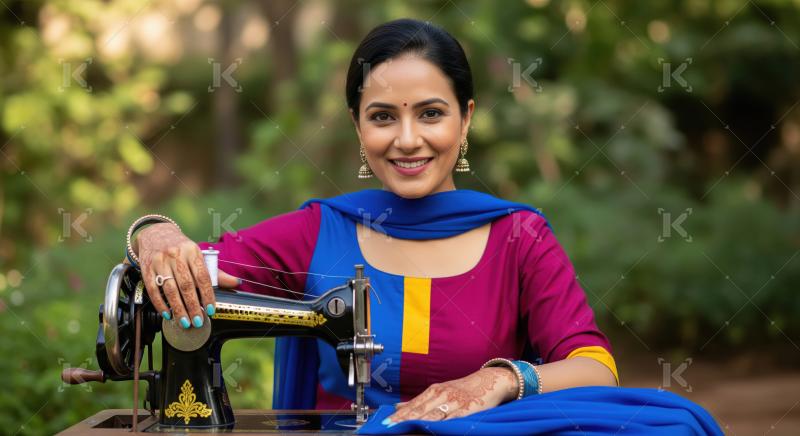 Happy Indian Woman Tailoring with Vintage Sewing Machine Outdoor