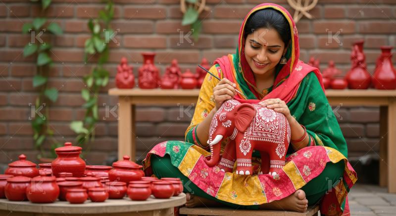Indian Artisan Painting Traditional Red Elephant Statue