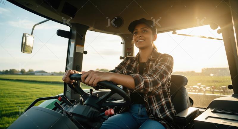 Young Woman Farmer Driving Tractor in Sunny Field