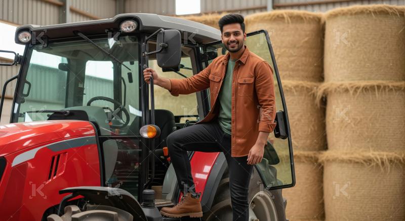 Young Farmer Posing with Modern Red Tractor and Hay Bales