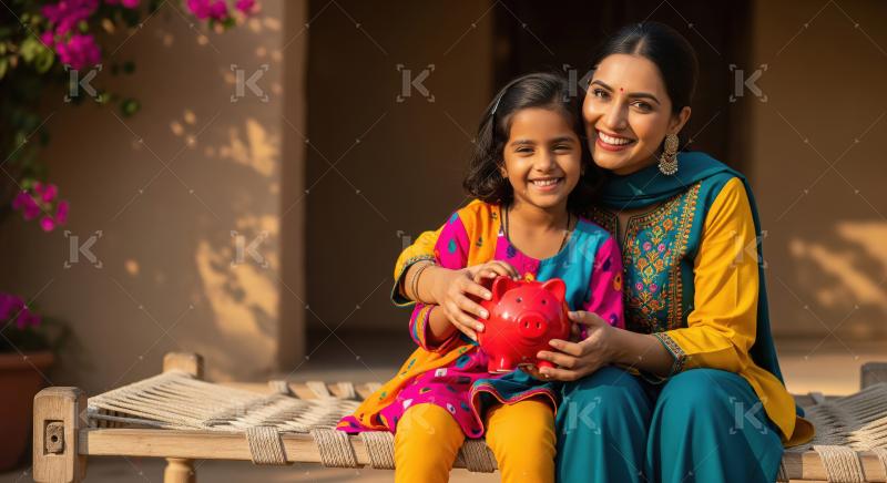 Joyful Indian Mother Daughter Saving Money Piggy Bank