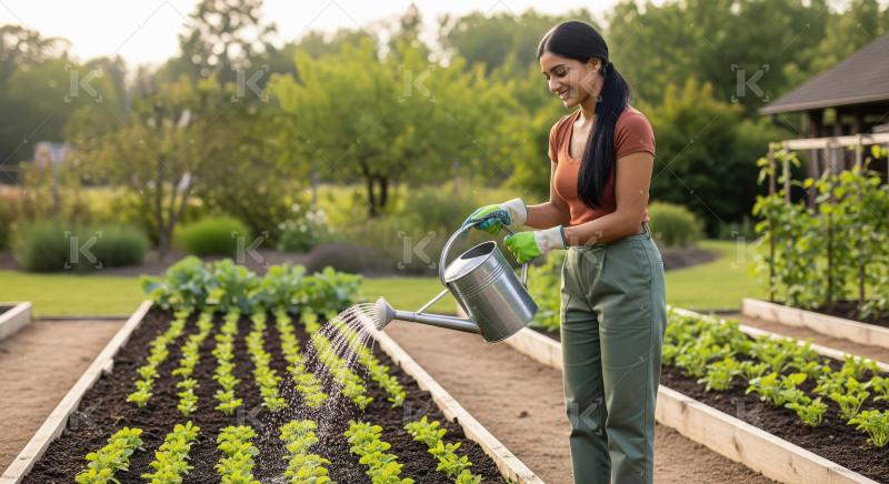 Smiling Woman Watering Garden Plants in Raised Beds