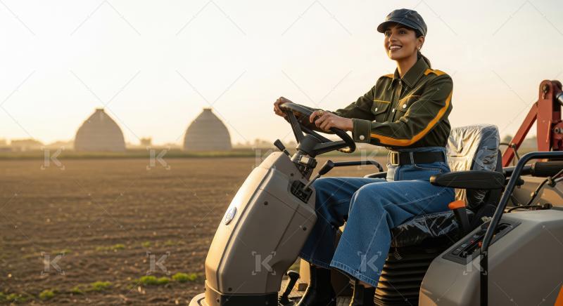 Confident Woman Farmer Operating Tractor in Agricultural Field