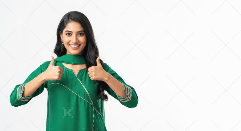 Happy Indian Woman Thumbs Up in Green Traditional Dress
