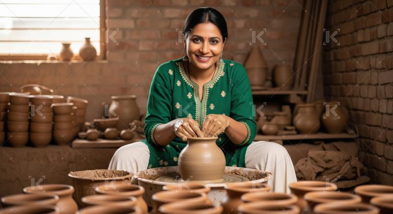 Smiling Indian Woman Potter Crafting Earthenware on Wheel
