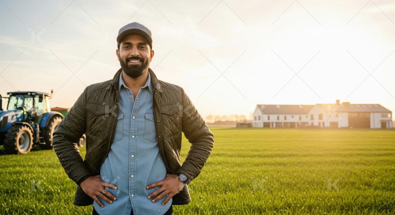 Young Farmer Smiles in Field with Tractor and Modern Farm