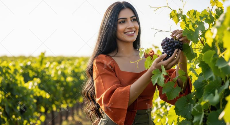 Smiling Woman Harvesting Grapes in Sunny Vineyard