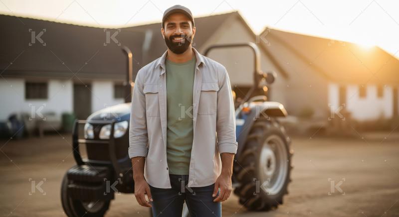 Smiling Farmer Stands Proudly by Tractor at Golden Hour