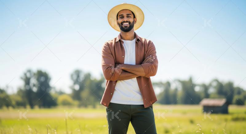Happy Young Man in Straw Hat Smiles in Sunny Field
