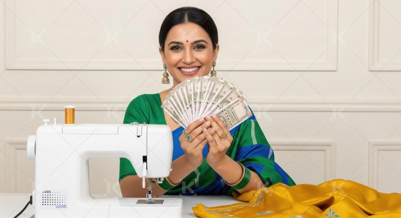 Happy Indian Woman Tailor Showing Money with Sewing Machine