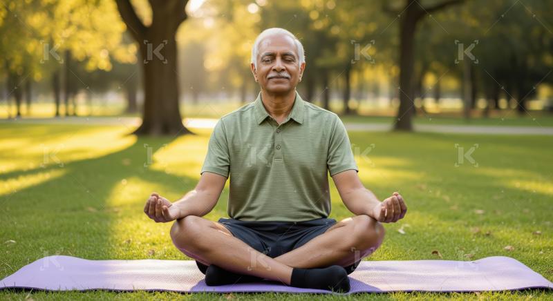 Peaceful Senior Man Meditating in Sunny Park on Yoga Mat