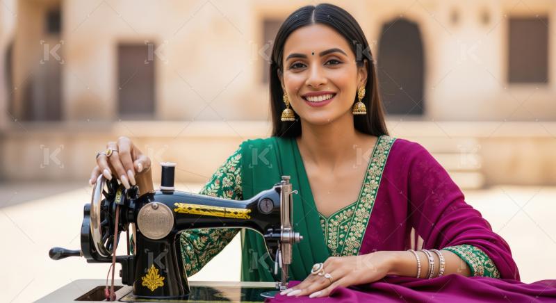 Smiling Indian Woman Crafts Traditional Clothes on Sewing Machin