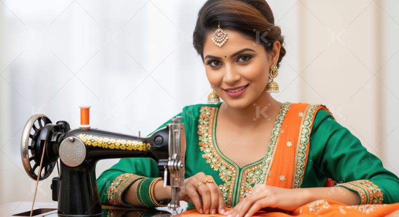 Beautiful Indian Woman Sewing Traditional Dress on Vintage Machi