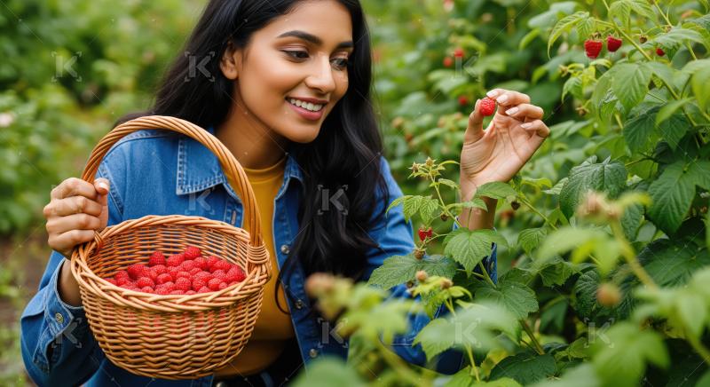 Smiling Young Woman Picking Fresh Raspberries in Summer Garden