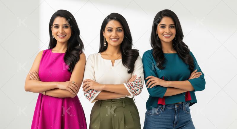 Three Confident Young Indian Women Group Portrait Smiling