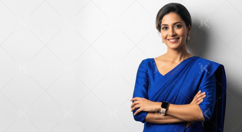 Confident Indian Businesswoman Smiling in Elegant Blue Saree