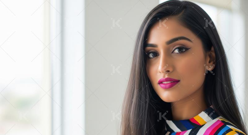 Beautiful Indian Woman with Pink Lipstick and Colorful Top