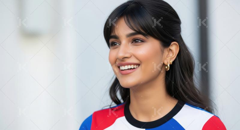 Happy young Indian woman smiling, looking away with confidence o