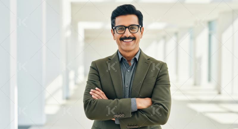 Confident Indian Businessman Smiling in Modern Office Setting