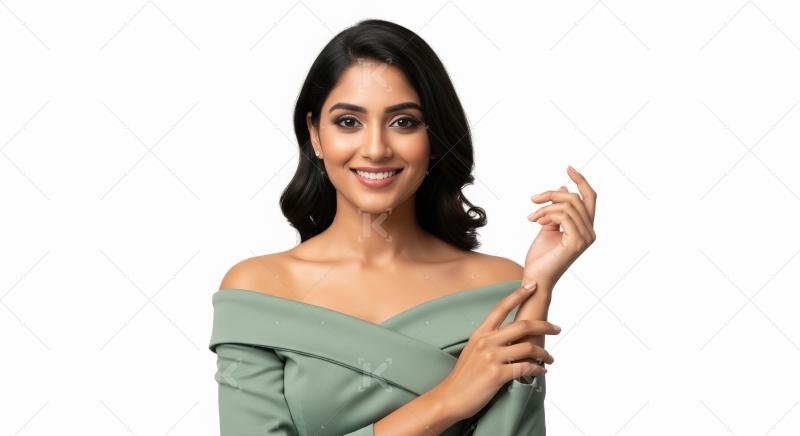 Beautiful Indian Woman Smiling Confidently in Elegant Green Dres