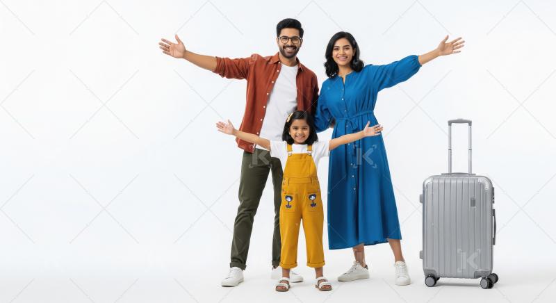 Happy Indian Family Ready for Vacation with Luggage