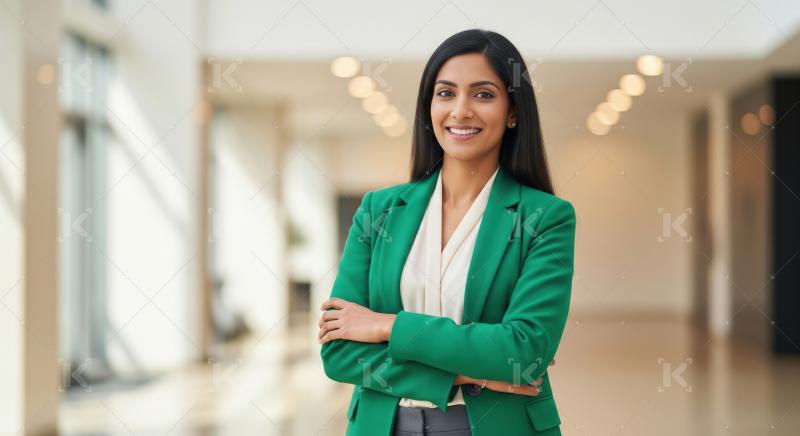 Confident South Asian Businesswoman Smiling in Modern Office Set