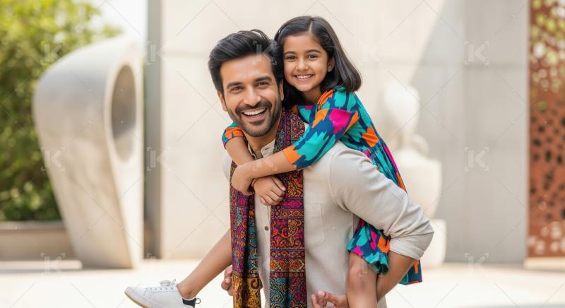 Happy Indian Father Daughter Enjoying Joyful Piggyback Ride Outd