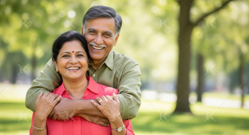 Happy Senior Indian Couple Embracing in Sunny Park