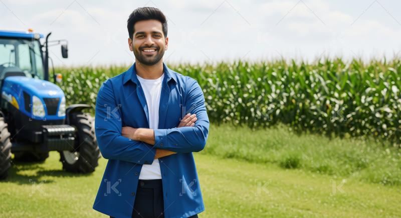 Modern Indian Farmer Smiles Confidently by Tractor in Cornfield