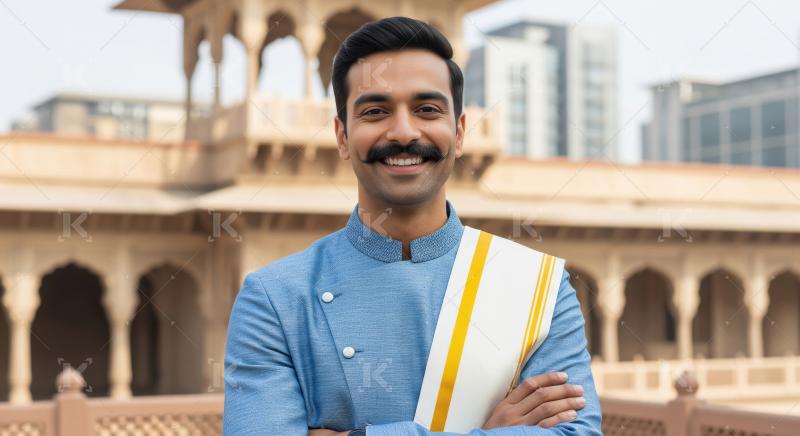 Happy Indian Man in Traditional Attire Smiling Confidently Outdo